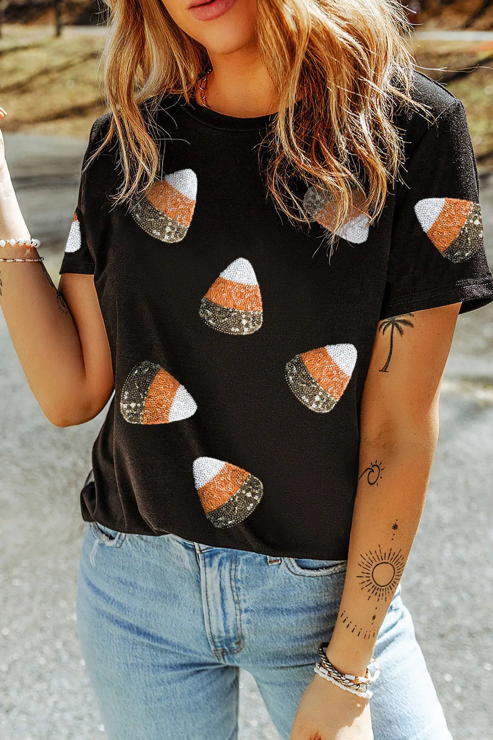 Sequin Round Neck Short Sleeve T-Shirt