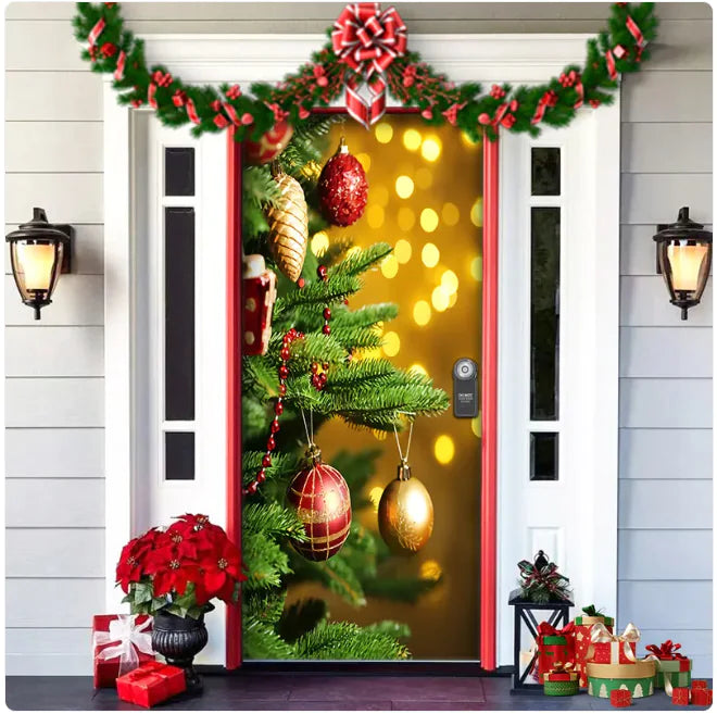 Christmas Forest Background Fabric Door Hanging for Christmas Party Decoration