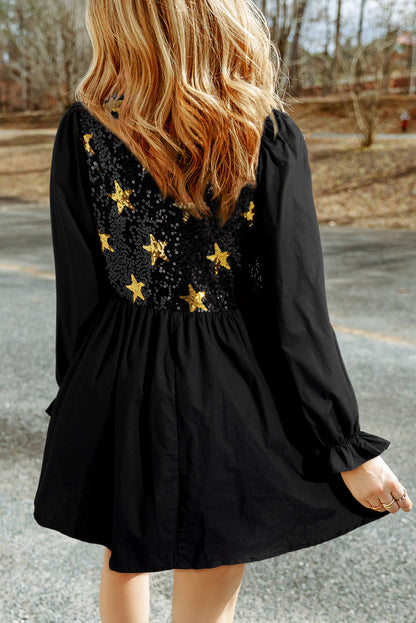 Sequin Star Round Neck Flounce Sleeve Mini Dress