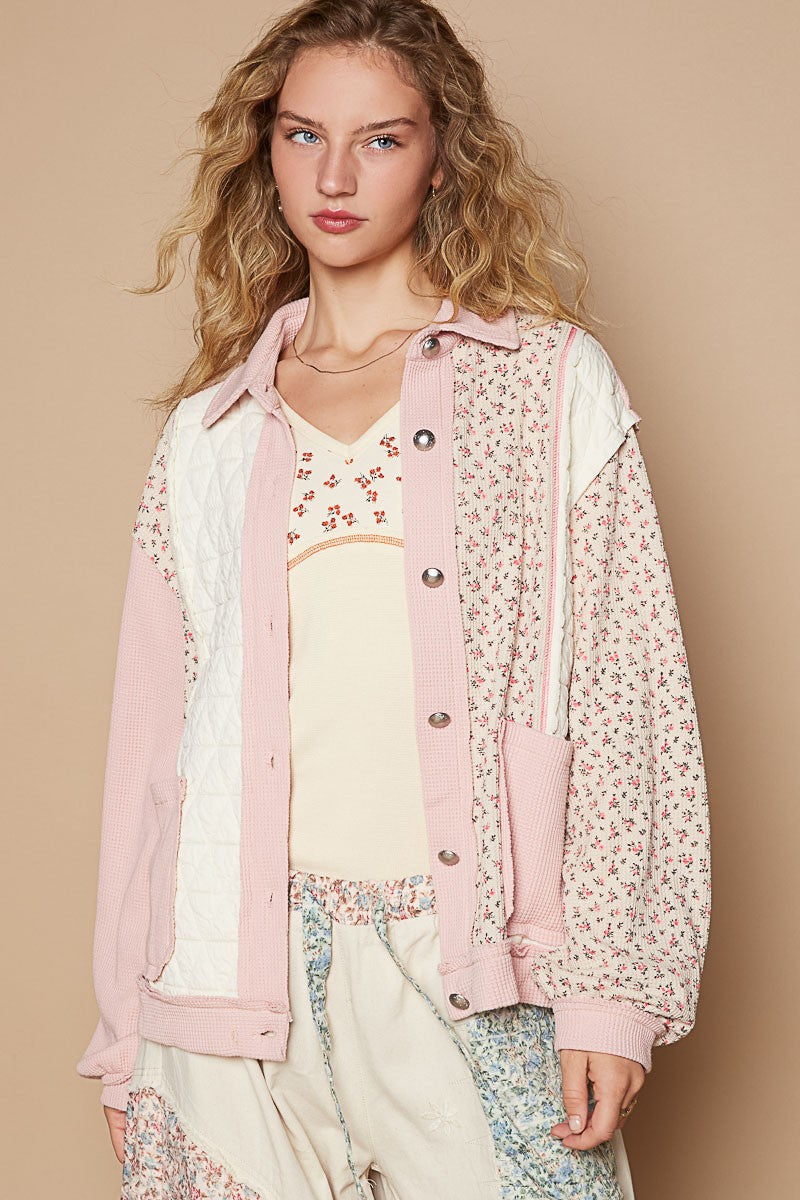 POL Floral Exposed Seam Button Up Quilted Jacket