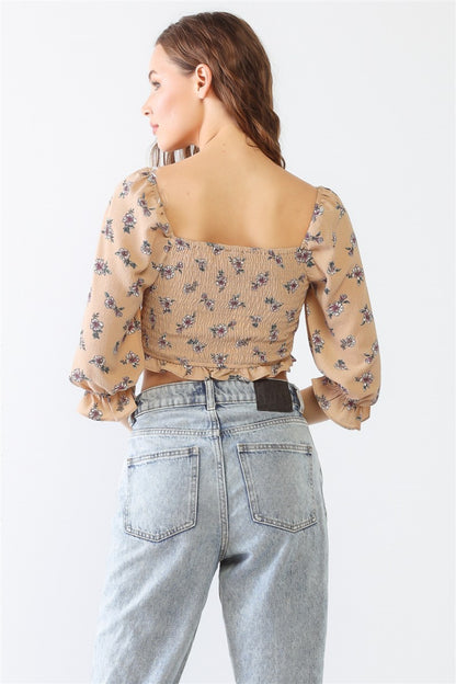 Miss Love / Kevin Co. Floral Ruffle Smocked Back Ruched Crop Top