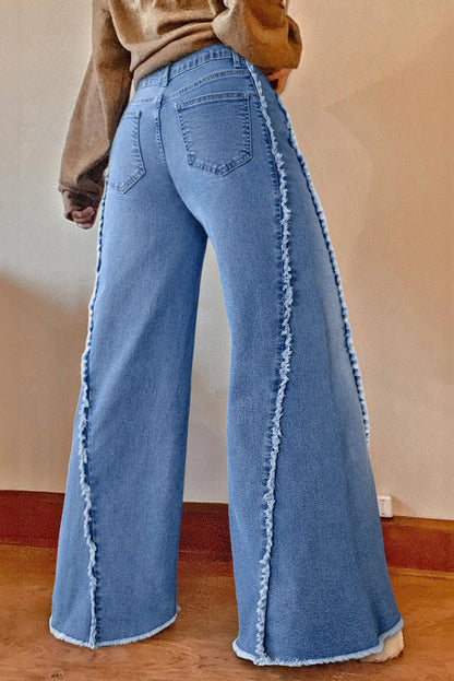 Raw Hem Wide Leg Jeans with Pockets