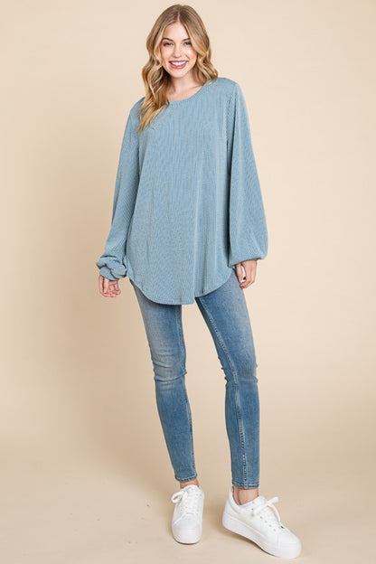 BOMBOM Long Sleeve Curved Hem Ribbed T-Shirt