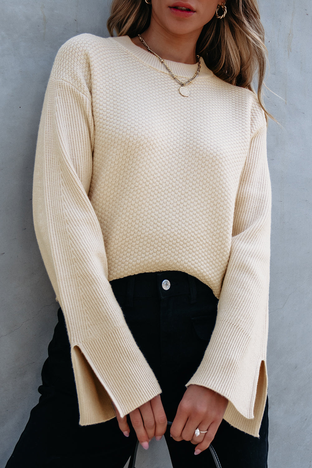 Slit Cuff Round Neck Long Sleeve Sweater