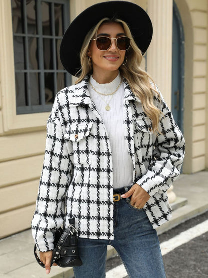 Plaid Collared Neck Long Sleeve Jacket