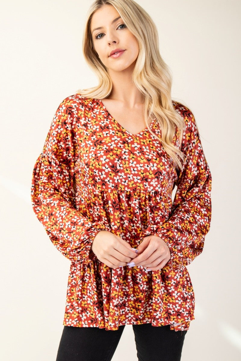 Celeste Full Size Floral V-Neck Balloon Sleeve Blouse