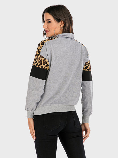 Perfee Contrast Leopard Half Zip Long Sleeve Sweatshirt