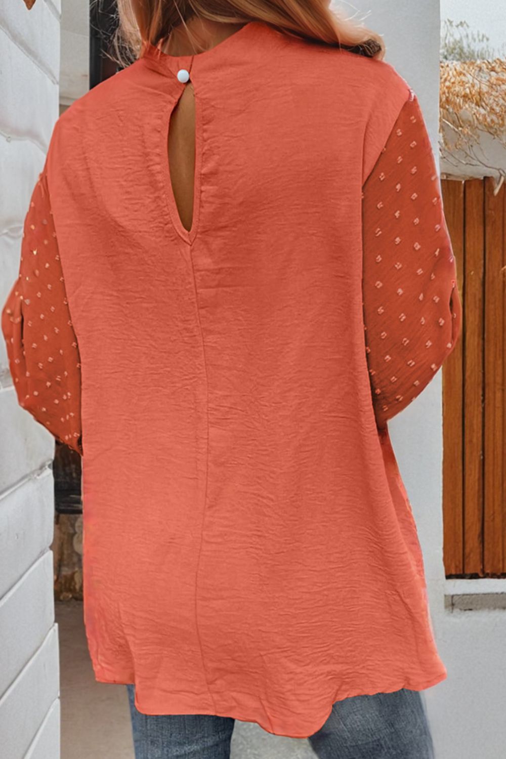 Swiss Dot Mock Neck Balloon Sleeve Blouse