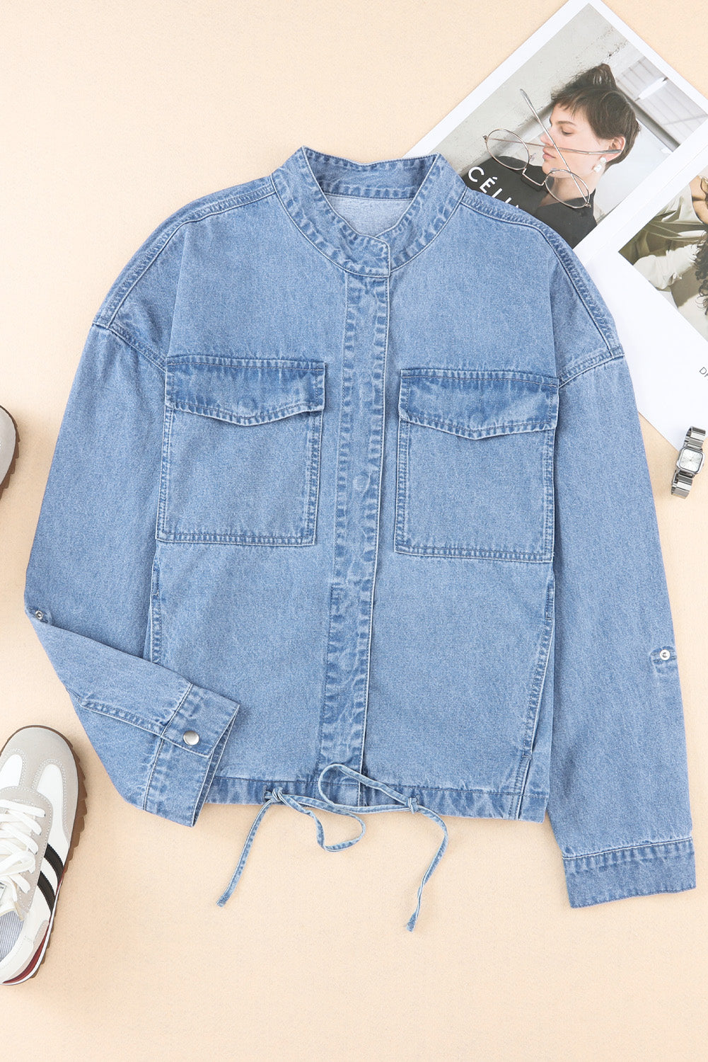 Drawstring Snap Down Denim Jacket with Chest Pockets