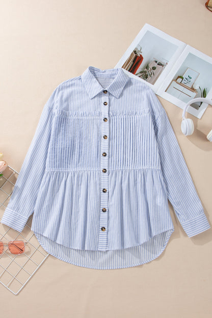 High-Low Striped Collared Neck Long Sleeve Shirt