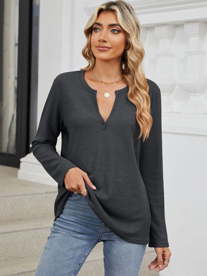 Waffle-Knit Notched Long Sleeve T-Shirt