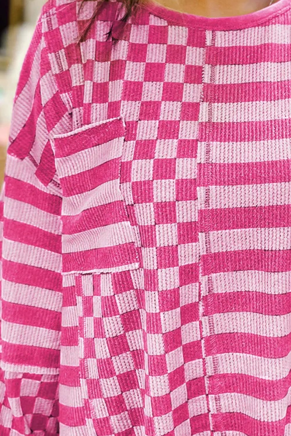 Checker & Stripes Round Neck Long Sleeve Blouse