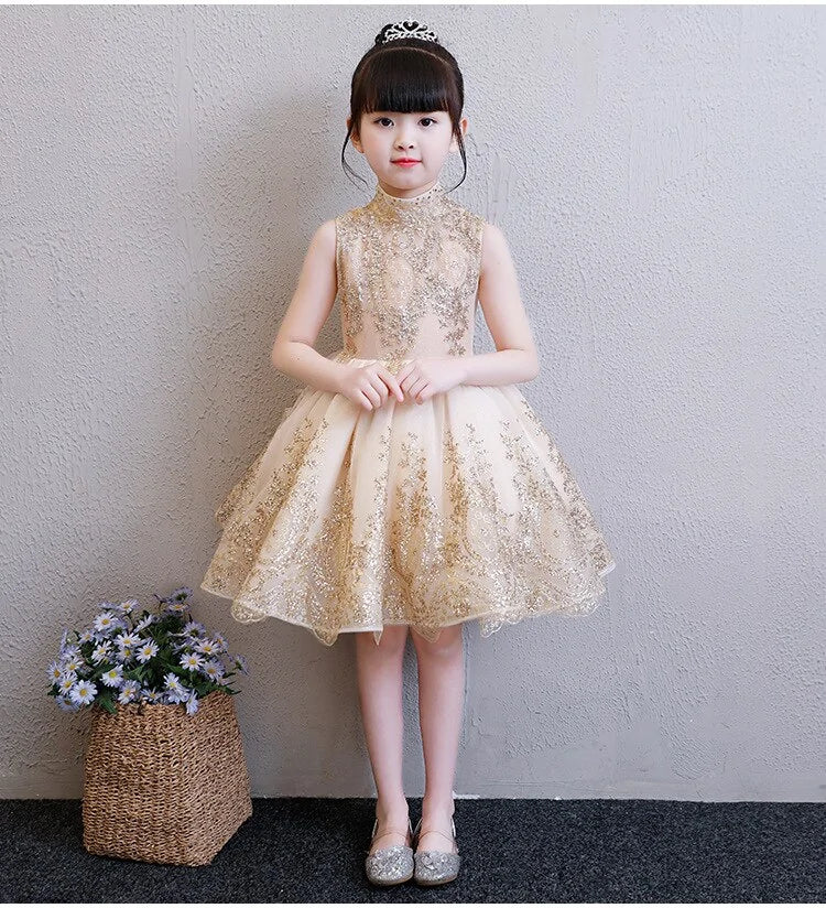 Elegant Tulle Golden Bridesmaid Dress For Kids