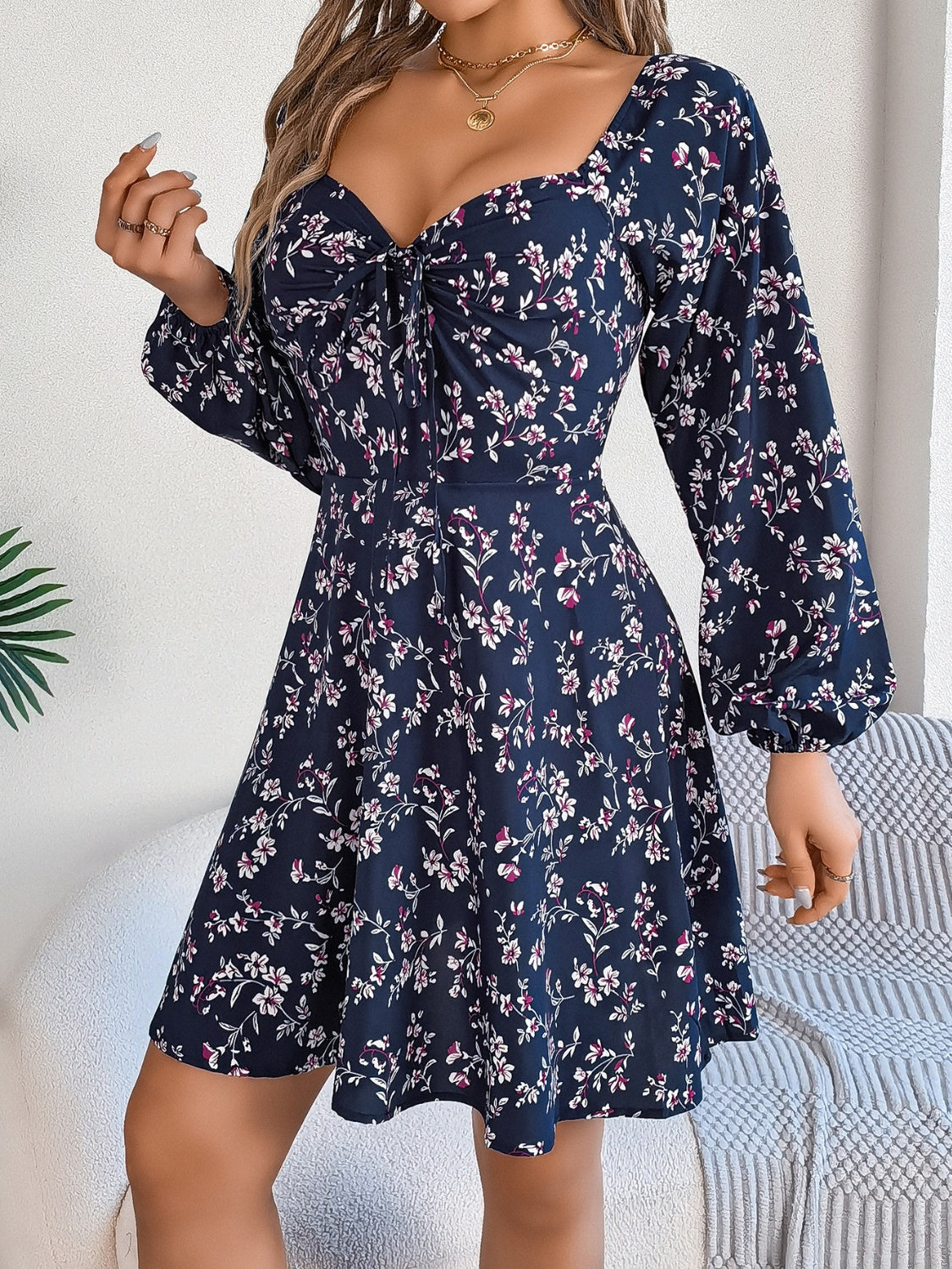 Printed Sweetheart Neck Balloon Sleeve Mini Dress