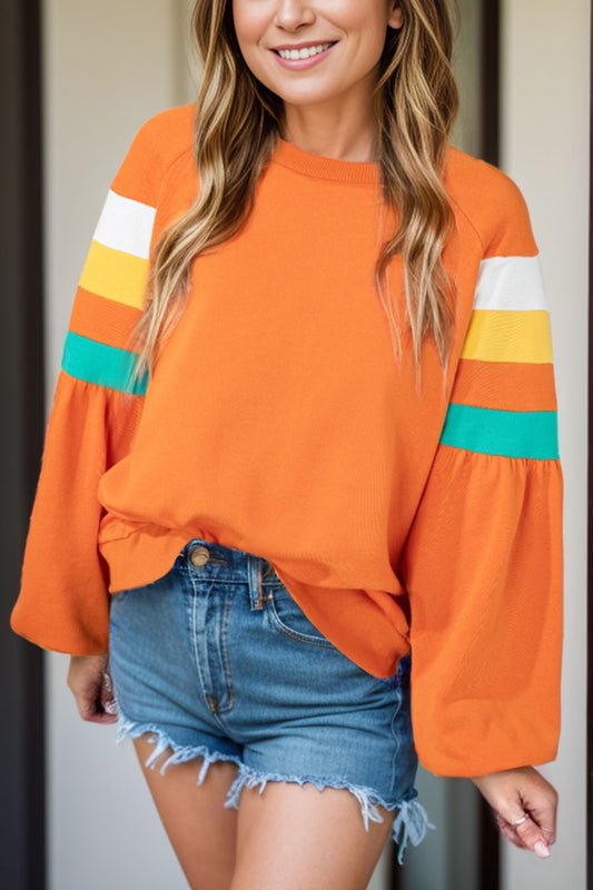 Contrast Round Neck Long Sleeve Blouse