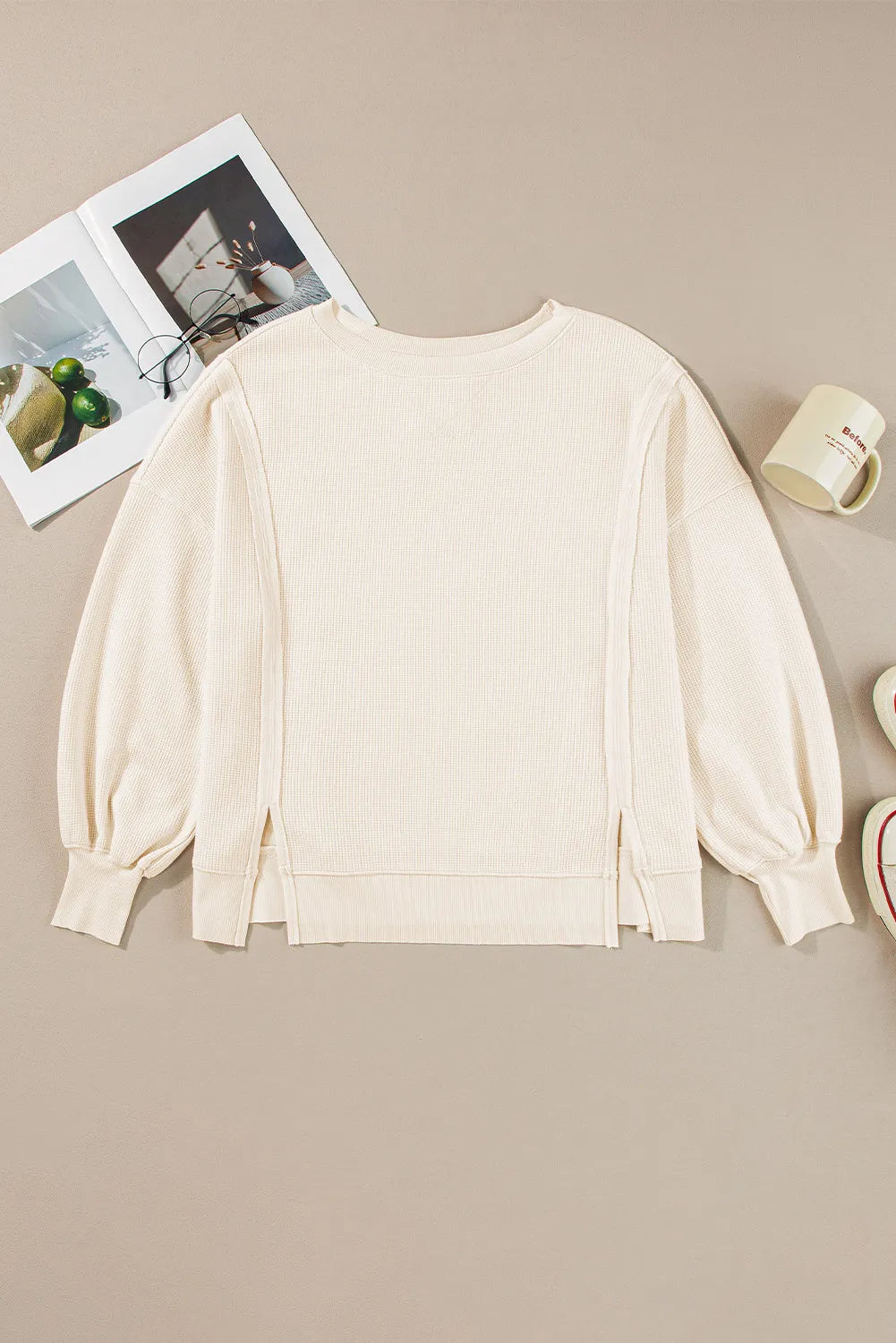 Slit Waffle-Knit Round Neck Long Sleeve Top