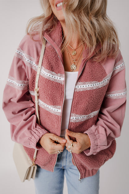 Lace Detail Zip Up Sherpa Patchwork Jacket