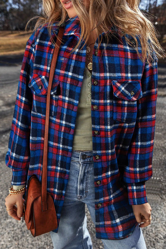 Pocketed Plaid Collared Neck Long Sleeve Shacket