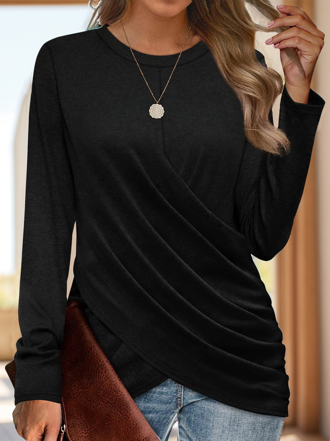 Ruched Round Neck Long Sleeve T-Shirt