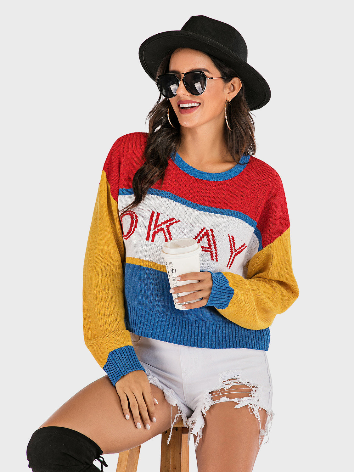 Perfee OKAY Contrast Dropped Shoulder Long Sleeve Sweater