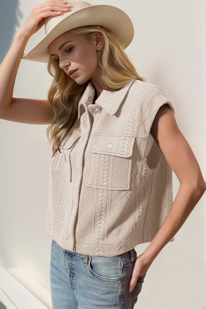 Double Take Snap Down Texture Crop Vest