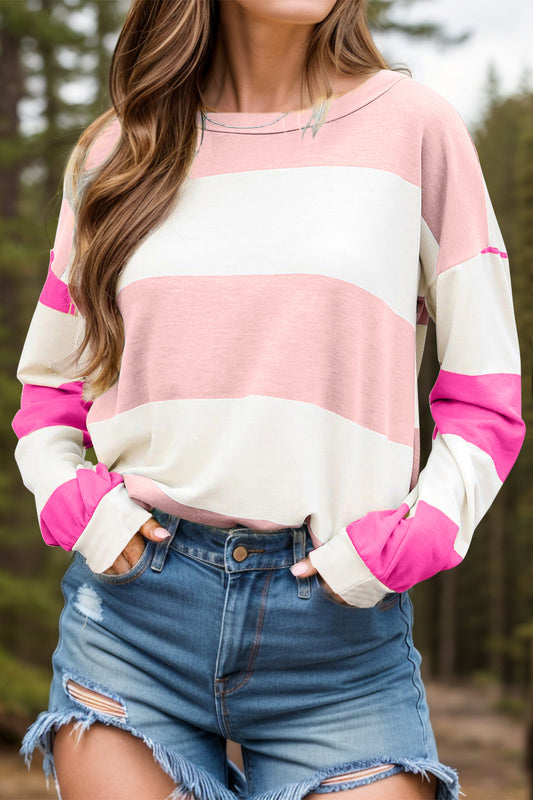 Contrast Color Block Round Neck Long Sleeve Top