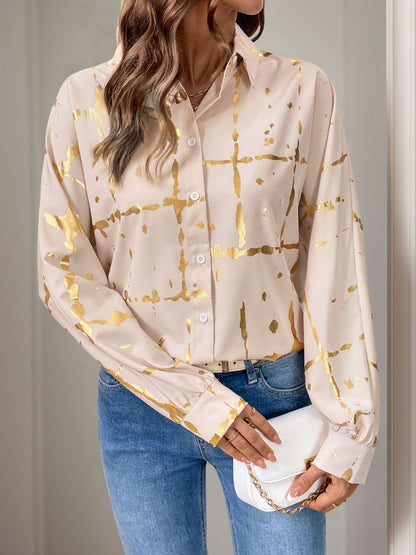 Perfee Printed Collared Neck Long Sleeve Shirt