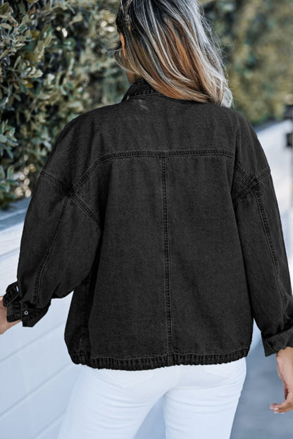 Drawstring Snap Down Denim Jacket with Chest Pockets